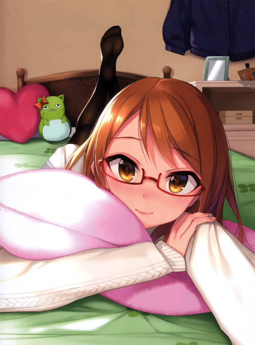 bangs bed bedroom black_legwear blush box brown_eyes brown_hair coat coat_removed feet glasses heart heart_pillow highres houjou_karen idolmaster idolmaster_cinderella_girls indoors leg_up long_hair long_sleeves looking_at_viewer lying nail_polish no_shoes nose_blush on_bed on_stomach pantyhose perspective picture_frame pillow pillow_hug pina_korata pink_nails red-framed_eyewear scan semi-rimless_eyewear skirt smile solo stuffed_animal stuffed_toy sweater swept_bangs under-rim_eyewear yuki_usagi_(mofurafu)