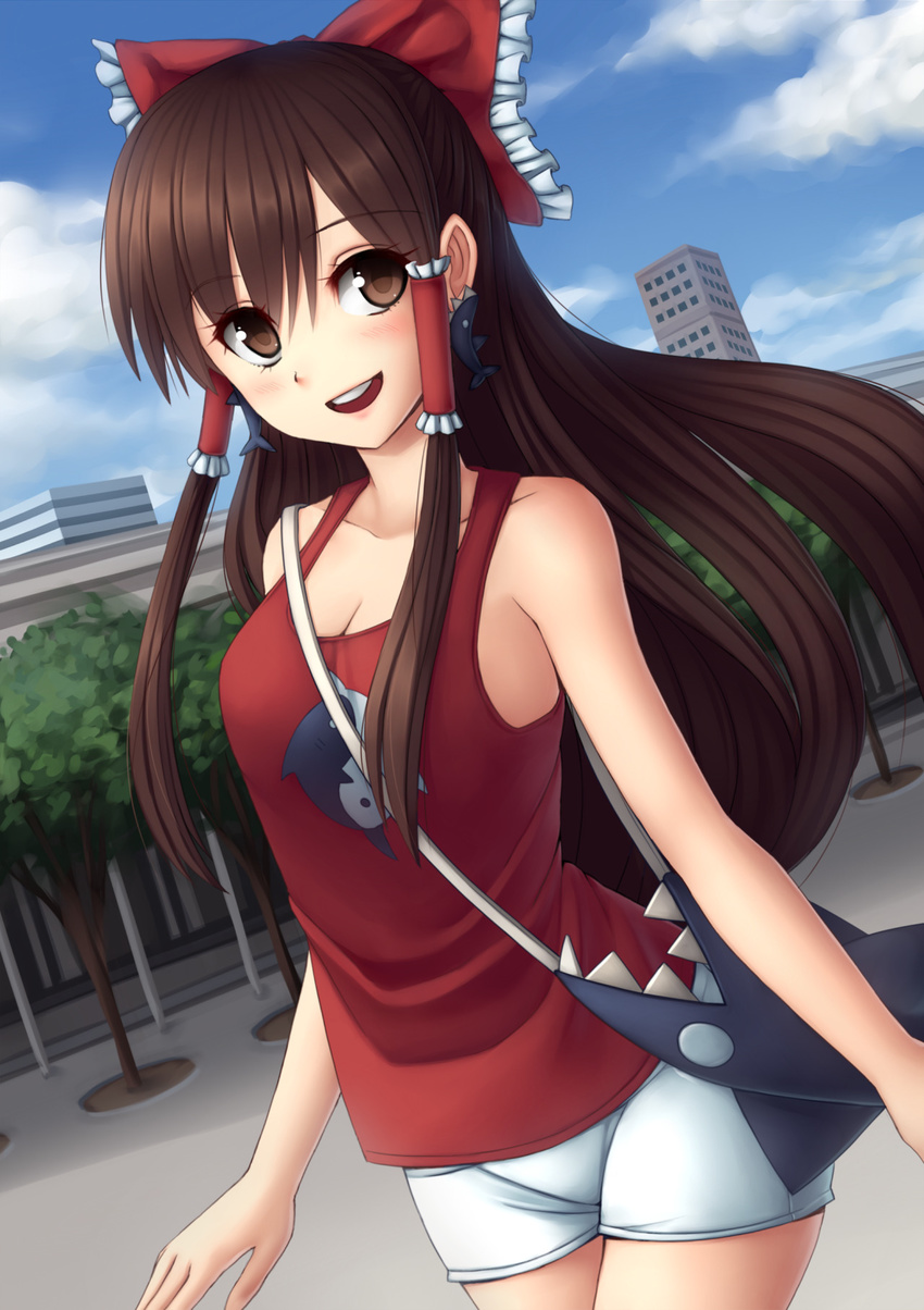 alternate_costume bag bare_arms bare_shoulders blush bow breasts brown_eyes brown_hair casual cleavage colored contemporary earrings hair_bow hair_ornament hair_ribbon hair_tubes hakurei_reimu highres jewelry long_hair looking_at_viewer monorus open_mouth ribbon shark short_shorts shorts sleeveless smile solo standing sunimu tank_top touhou yin_yang