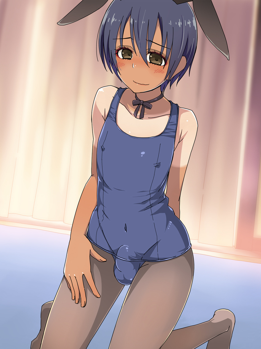 1boy androgynous animal_ears black_eyes black_hair blush bulge bunny_ears choker erect_nipples eyelashes eyeshadow kinta_(kinta_no_mousou) kinta_(pixiv13253890) kneeling makeup original pantyhose school_swimsuit short_hair solo swimsuit tanline trap