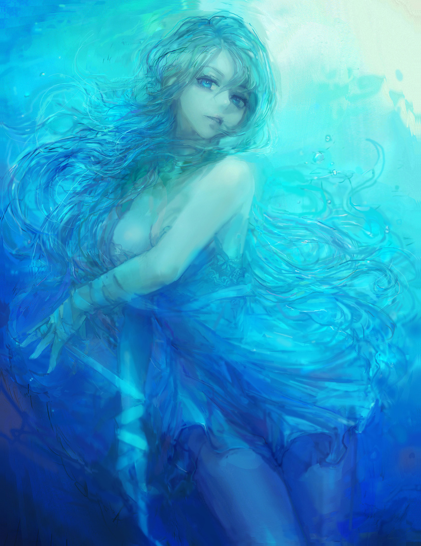 bad_id bad_pixiv_id bandaged_arm bandages blue_eyes blue_hair breasts cleavage dress highres long_hair looking_at_viewer medium_breasts miche original parted_lips solo strapless strapless_dress thighhighs underwater