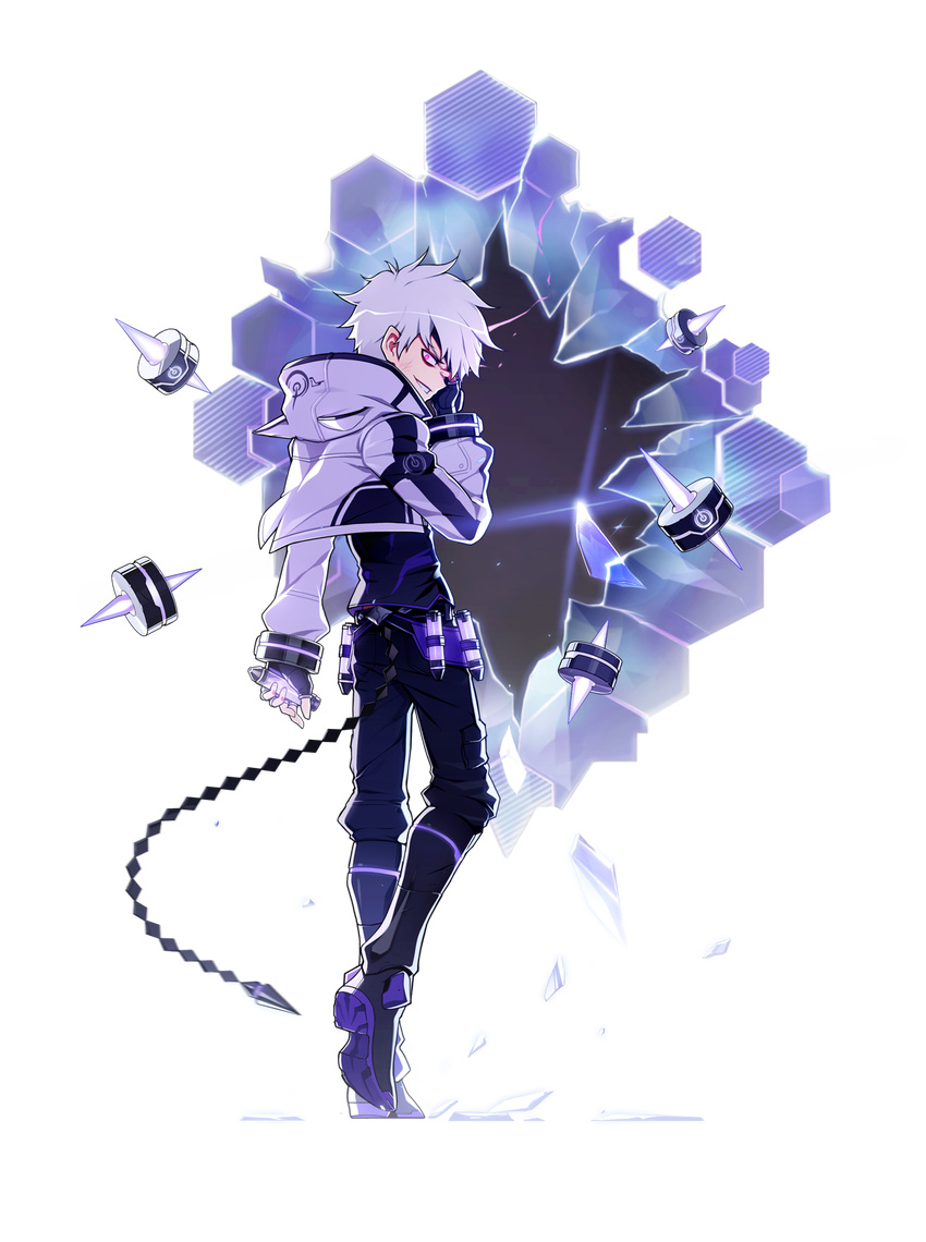 add_(elsword) animal_hood black_pants black_shirt boots cropped_jacket elsword flask full_body gloves grin hand_on_own_face highres hood hoodie hwansang knee_boots male_focus official_art pants purple_eyes shirt smile solo standing time_tracer_(elsword) transparent_background white_hair