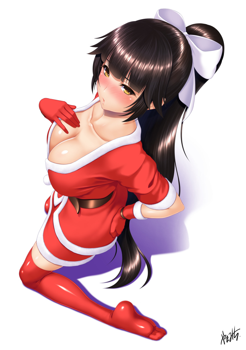 1girl absurdres azur_lane bangs belt blunt_bangs blush bow bracelet breasts brown_hair christmas cleavage collarbone commentary_request eyebrows_visible_through_hair from_above gloves hair_bow hair_flaps hand_on_hip hand_on_own_chest highres jewelry large_breasts long_hair looking_at_viewer parted_lips ponytail red_gloves santa_costume sitting takao_(azur_lane) thighhighs very_long_hair white_bow yama-michi yellow_eyes