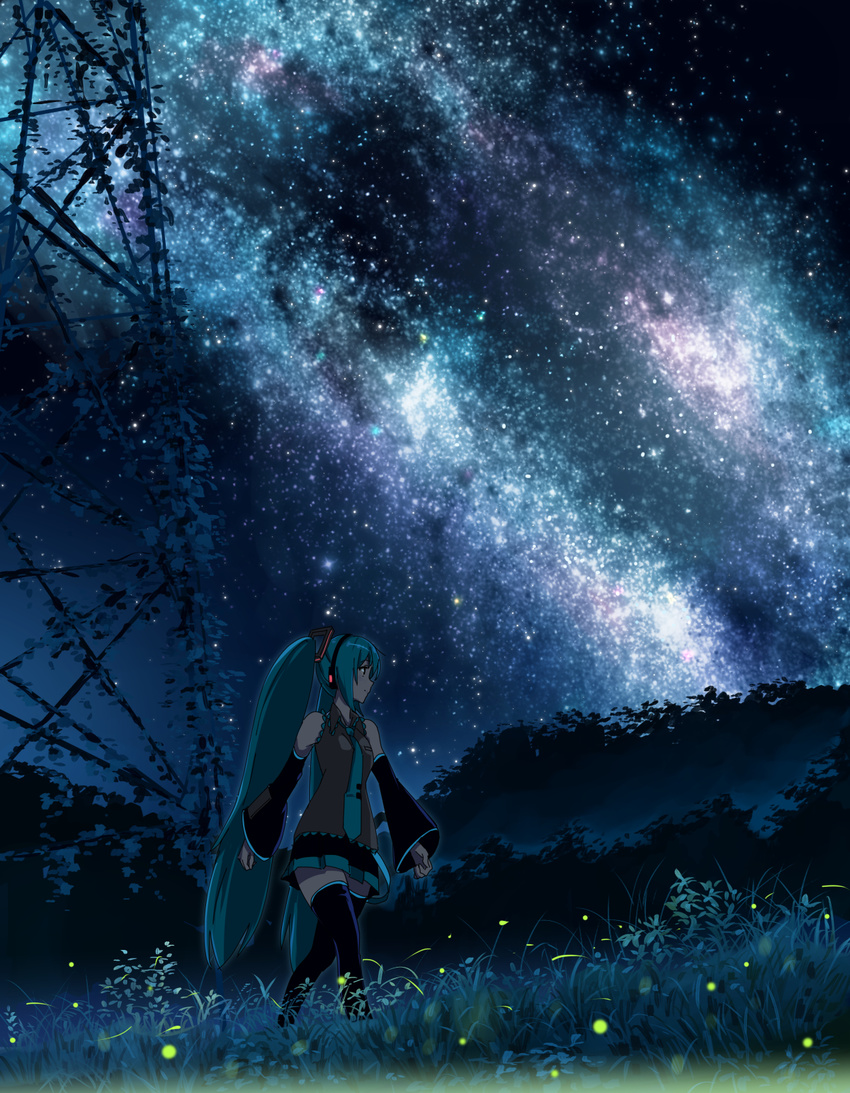 aqua_hair aqua_neckwear bad_id bad_pixiv_id black_footwear black_legwear boots collared_shirt detached_sleeves domo1220 fireflies grass hatsune_miku headphones highres long_hair looking_away looking_to_the_side milky_way necktie night outdoors overgrown plant pleated_skirt shirt skirt sky sleeveless sleeveless_shirt solo star_(sky) starry_sky thigh_boots thighhighs transmission_tower twintails very_long_hair vocaloid walking wing_collar