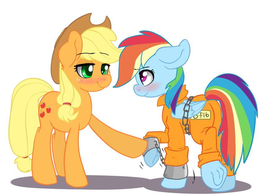 2015 applejack_(mlp) blonde_hair blush chain duo equine female freckles friendship_is_magic green_eyes hair horse mammal my_little_pony overalls pegasus pon3splash pony prison_overalls prison_uniform purple_eyes rainbow_dash_(mlp) shackles wings