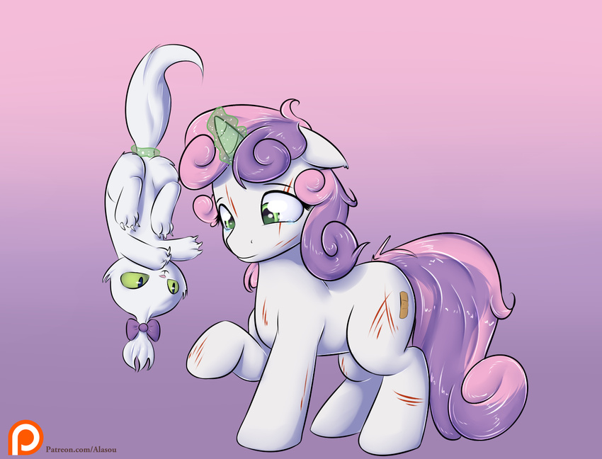 2015 alasou band-aid bandage black_eyes cat claws cute duo equine feline female feral friendship_is_magic fur green_eyes green_sclera hair horn magic mammal multicolored_hair my_little_pony opalescence_(mlp) scratch_marks sweetie_belle_(mlp) tail_pull two_tone_hair unicorn upside_down white_fur