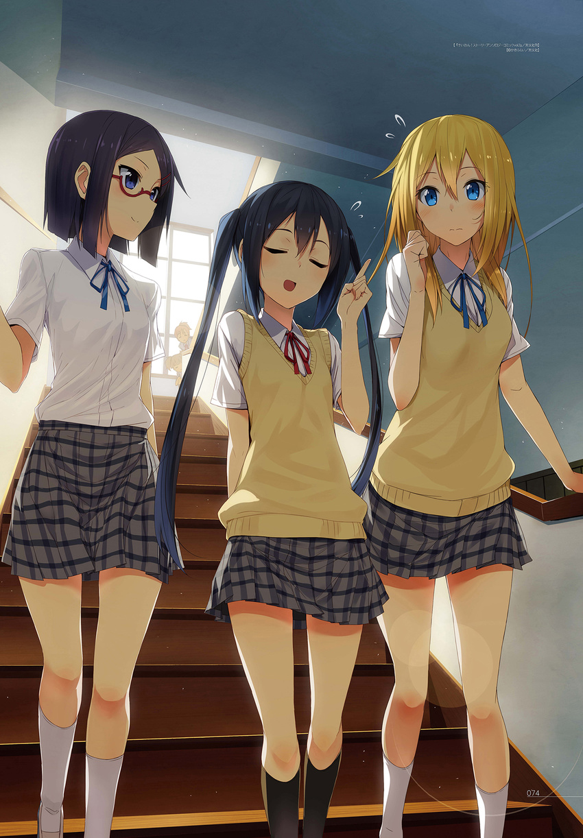 black_hair blonde_hair blue_eyes blue_ribbon breasts dress_shirt eavesdropping flying_sweatdrops glasses highres hirasawa_ui index_finger_raised k-on! kasuga_ayumu_(haruhipo) light_particles long_hair looking_at_another multiple_girls nakano_azusa okuda_nao open_mouth plaid plaid_skirt red-framed_eyewear red_ribbon ribbon saitou_sumire sakuragaoka_high_school_uniform scan school_uniform semi-rimless_eyewear shirt short_hair skirt small_breasts socks stairs suzuki_jun sweater_vest twintails under-rim_eyewear very_long_hair window