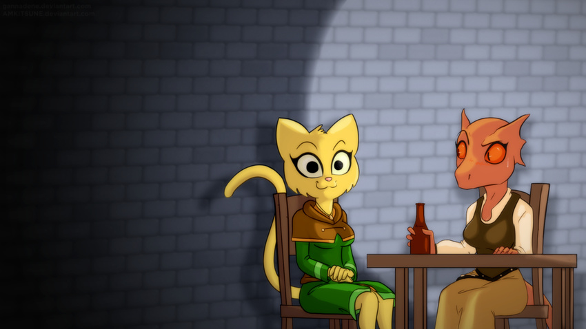 :3 alcohol amkitsune anthro argonian beverage bottle breasts chair clothed clothing dress duo feline female food katia_managan khajiit mammal nervous oblivion prequel quill-weave raised_tail red_sclera scalie simple_background sitting table the_elder_scrolls video_games wall