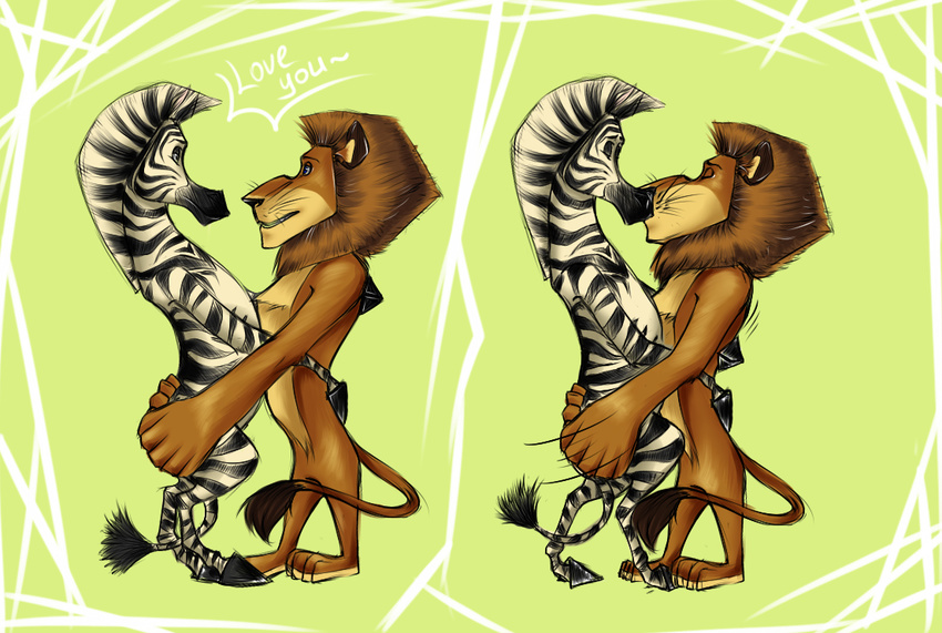 alex_the_lion duo equine feline kissing lawliet-r lion madagascar making_out male male/male mammal marty_the_zebra zebra