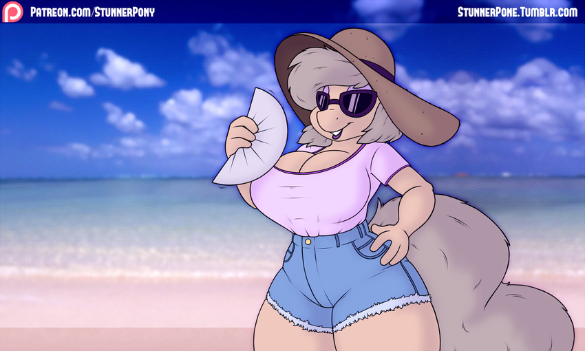 2015 anthro beach big_breasts breasts cleavage clothed clothing earth_pony equine eyewear fan fan_character female hand_on_hip hat hellen_lockheart horse mammal my_little_pony pony seaside solo stunnerpony sunglasses wide_hips