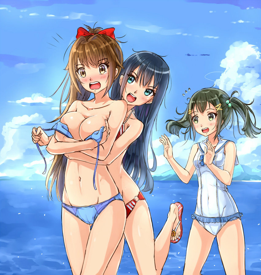 bikini bikini_top_removed black_eyes black_hair blue_eyes brown_eyes brown_hair covering covering_breasts highres kazeno long_hair multiple_girls one-piece_swimsuit original sailor_collar sailor_one-piece_swimsuit short_hair short_twintails swimsuit twintails