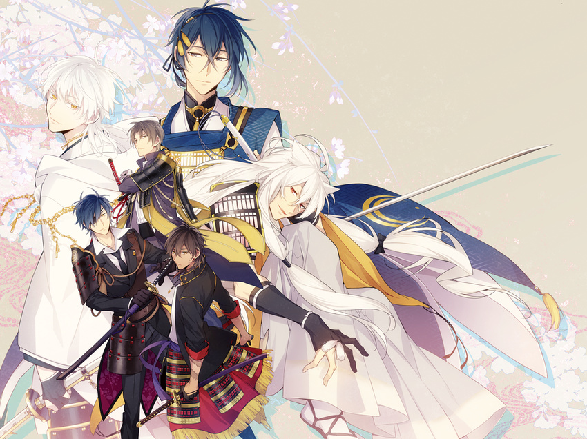 armor bad_id bad_pixiv_id black_gloves black_hair blue_eyes brown_hair cherry_blossoms eyepatch gloves heshikiri_hasebe hood japanese_armor japanese_clothes katana kogitsunemaru long_hair low-tied_long_hair male_focus mikazuki_munechika multiple_boys necktie ookurikara red_eyes shokudaikiri_mitsutada shoulder_armor smile sode sword touken_ranbu tsurumaru_kuninaga weapon white_hair xia_(ryugo) yellow_eyes