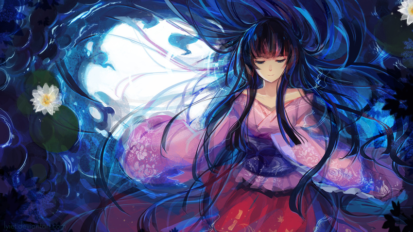 black_hair blue_eyes collarbone floral_print flower full_moon highres hime_cut houraisan_kaguya japanese_clothes kimono lily_pad long_hair long_sleeves looking_down lyiet lying lying_on_water messy_hair moon narrowed_eyes night obi off_shoulder on_back outdoors partially_submerged reflection ripples sash sleeves_past_wrists smile solo touhou upper_body wallpaper water