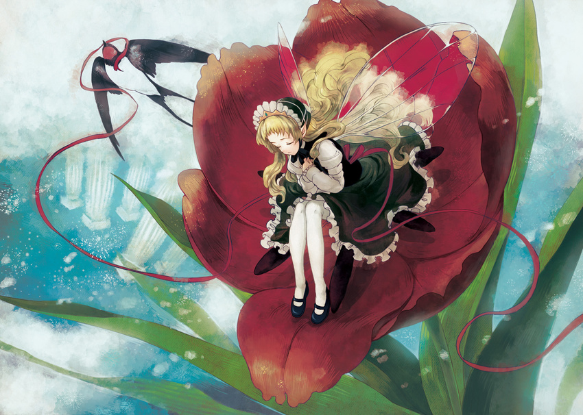 bird blonde_hair bonnet column commentary_request fairy flower frills gothic_lolita highres insect_wings koto_mutsu lolita_fashion long_hair mary_janes minigirl on_flower original pantyhose partial_commentary pillar shoes sitting swallow thumbelina thumbelina_(character) very_long_hair white_legwear wings