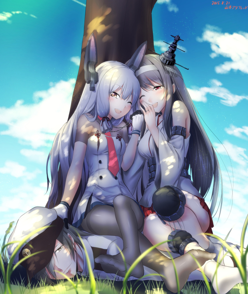 2015 2girls admiral_(kantai_collection) against_tree bangs bare_shoulders black_hair black_legwear blue_sky blunt_bangs blurry breasts brown_hair cloud crossed_legs dappled_sunlight dated day depth_of_field detached_sleeves dress feet femdom full_body fusou_(kantai_collection) gloves grass hair_ornament hair_ribbon happy hat headband headgear highres human_furniture jewelry kantai_collection long_hair looking_at_viewer masochism military military_uniform multiple_girls murakumo_(kantai_collection) naval_uniform necktie nontraditional_miko one_eye_closed open_mouth orange_eyes outdoors pantyhose peaked_cap red_eyes remodel_(kantai_collection) ribbon ring sailor_dress shade short_hair sitting sitting_on_person sky small_breasts smile socks sunlight thighband_pantyhose tree tress_ribbon uniform wedding_band white_hair yamamoto_arifred