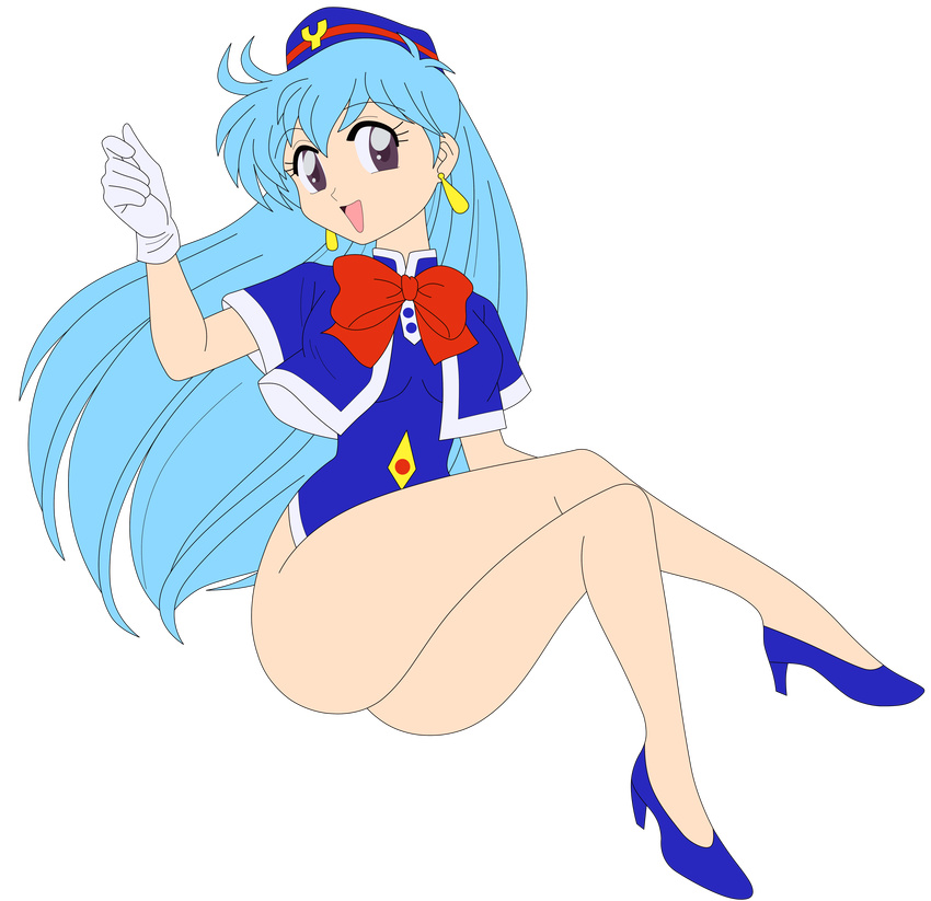 1girl absurdres aqua_hair breasts dress female hat highres hips legs legs_crossed long_hair miniskirt no_panties photoshop purple_eyes short_dress simple_background smile solo stewardess tenjouin_katsura thighs vector_trace yat_anshin_uchuu_ryokou