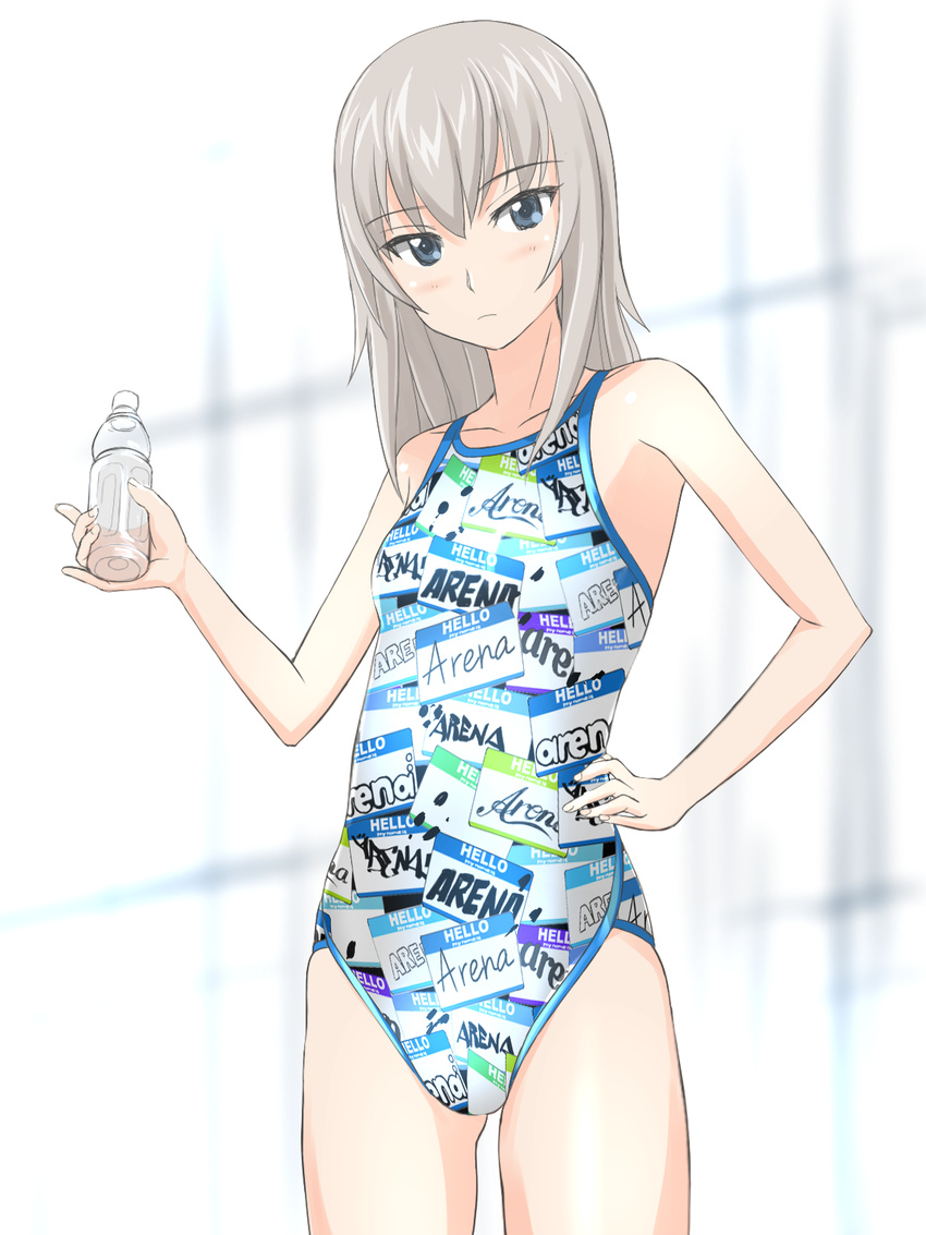 arena_(company) blue_eyes bottle breasts competition_swimsuit english girls_und_panzer highres itsumi_erika name_tag one-piece_swimsuit short_hair silver_hair small_breasts solo standing swimsuit takafumi