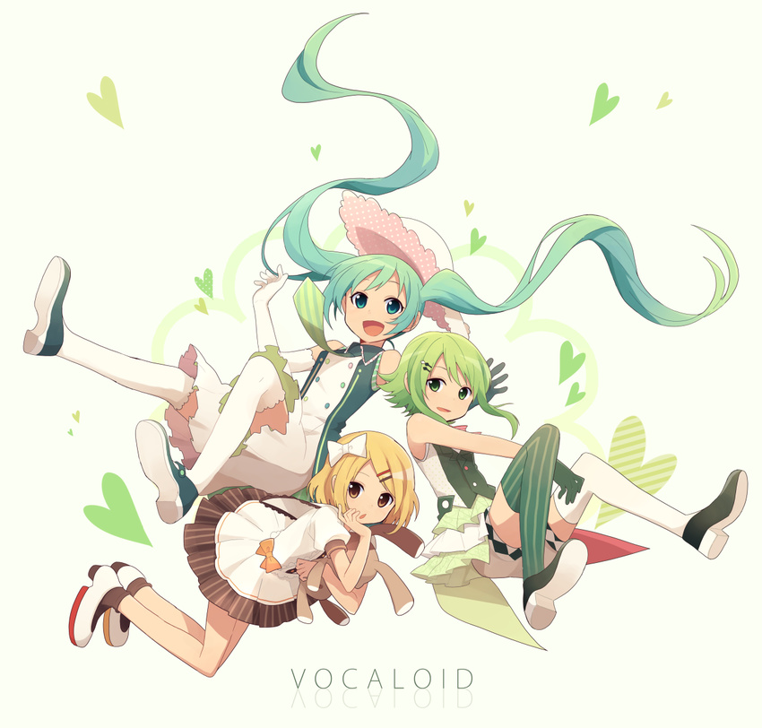 aren_(fubuki-46) blonde_hair brown_eyes copyright_name dress elbow_gloves floating_hair gloves green_eyes green_hair gumi hair_ornament hairclip hat hatsune_miku highres kagamine_rin long_hair multiple_girls necktie open_mouth short_hair striped striped_legwear stuffed_animal stuffed_toy thighhighs twintails vertical-striped_legwear vertical_stripes very_long_hair vocaloid