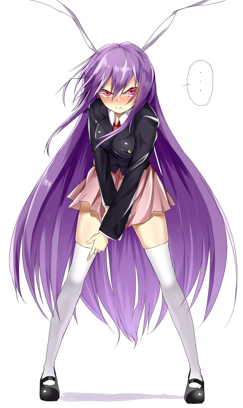 1girl animal_ears blazer blouse blush breasts bunny_ears highres jacket long_hair medium_breasts necktie pleated_skirt purple_hair red_eyes reisen_udongein_inaba simple_background skirt solo speech_bubble tears thighhighs touhou very_long_hair white_background white_legwear yamato_(muchuu_paradigm)
