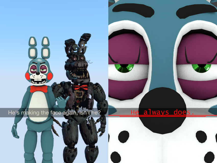 animatronic anthro bow claws close-up dialogue english_text five_nights_at_freddy's five_nights_at_freddy's_2 five_nights_at_freddy's_4 girly lagomorph long_ears machine male mammal nightmare_bonnie_(fnaf) nude open_mouth rabbit robot rosy_cheeks sharp_claws sharp_teeth smile squint standing teeth text toy_bonnie_(fnaf) unknown_artist video_games
