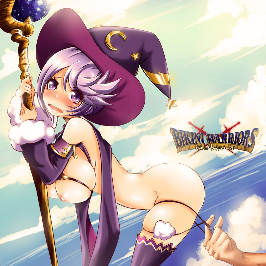 bare_shoulders bikini bikini_warriors black_bikini blush breasts cape crescent_moon detached_sleeves evil-dei hat highres large_breasts lavender_hair looking_at_viewer mage_(bikini_warriors) moon open_mouth purple_eyes ribbon short_hair staff star swimsuit thighhighs underboob witch_hat