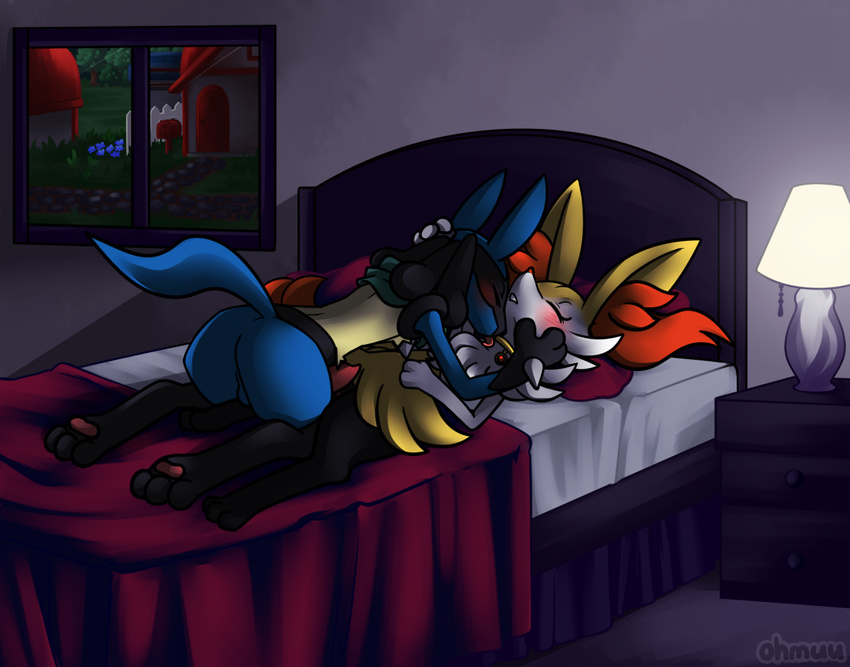 ambiguous_gender anthro balls barefoot bed bedroom big_ears blush braixen butt canine collar erection eyes_closed fennec fox fur inside jackal licking lucario lying male mammal nintendo nude ohmuu on_back on_bed pawpads paws penis pok&eacute;mon spikes teeth tongue tongue_out video_games