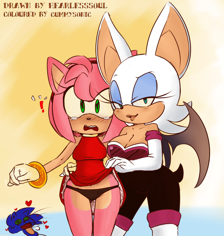 amy_rose anthro bat blood breasts clothed clothing cummysonic dress dress_lift female green_eyes half-closed_eyes hearlesssoul hedgehog mammal nosebleed open_mouth rouge_the_bat sonic_(series) sonic_the_hedgehog