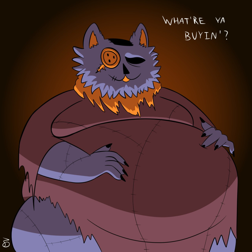 1_eye 2018 5_fingers :3 animate_inanimate anthro belly big_belly biped black_eyes black_nails black_nose blue_fur brown_background button_(fastener) capcom cat clothed clothing colored_nails crossover darkner deltarune dialogue digital_drawing_(artwork) digital_media_(artwork) empty_eyes english_text feline front_view fur half-length_portrait hands_on_belly humanoid_hands hyper hyper_belly inner_ear_fluff lighting living_plush male mammal merchant_(resident_evil) moobs multicolored_fur obese obese_male open_mouth open_smile orange_fur oscarvanderhof overweight overweight_male parody plushie portrait resident_evil seam_(deltarune) shadow simple_background smile solo standing stitches text two_tone_fur video_games