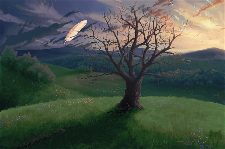 black_fur cloud detailed_background dusk feathers forest fur hill landscape lootz male mountain oneminutesketch plains purple_fur sky solo star tree