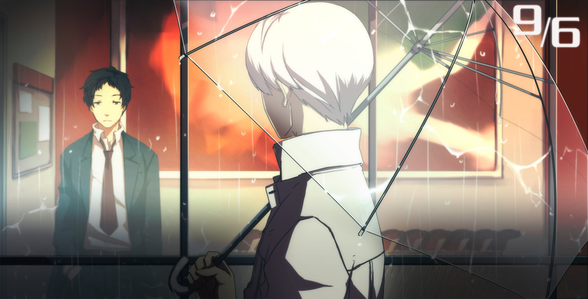 adachi_tooru black_hair blurry bulletin_board collared_shirt dated facing_away from_outside from_side glass grey_hair highres holding holding_umbrella jacket long_sleeves looking_out_window male_focus multiple_boys narukami_yuu necktie open_clothes open_jacket persona persona_4 rain red_neckwear sad saeuchobab school_uniform shirt transparent transparent_umbrella umbrella upper_body wall white_shirt window