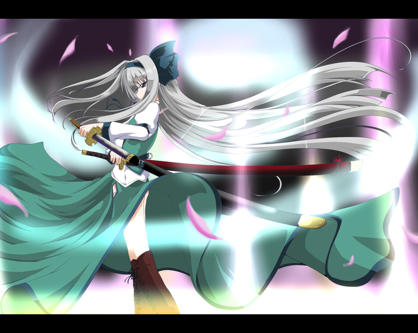 alternate_hair_length alternate_hairstyle flower ghost hitodama konpaku_youmu konpaku_youmu_(ghost) letterboxed long_hair older petals ribbon shirosuzu silver_hair solo touhou very_long_hair