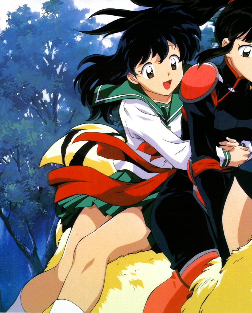 black_hair highres higurashi_kagome inuyasha legs long_hair miniskirt sango school_uniform skirt smile thighs