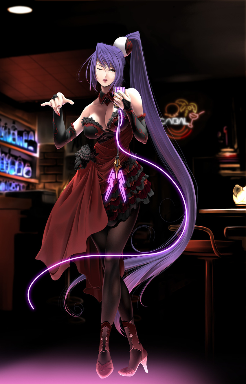 bad_id bad_pixiv_id bare_shoulders breasts cabal_online cleavage elbow_gloves fingerless_gloves fingernails gloves hands highres large_breasts legs lips long_hair microphone nail_polish one_eye_closed pantyhose ponytail purple_hair red_eyes red_nails skirt solo sumomo_kpa very_long_hair vintage_microphone yuan