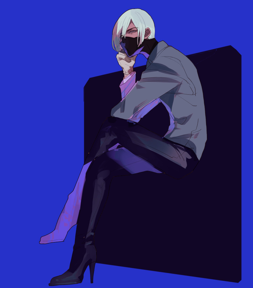 absurdres black_footwear black_pants blue_background crossed_legs dr._stone elbow_on_knee gloves grey_shirt hair_over_one_eye high_heels highres hyoga_(dr._stone) kuroha_dayo long_sleeves male_focus mask pants shirt short_hair simple_background sitting solo white_gloves white_hair