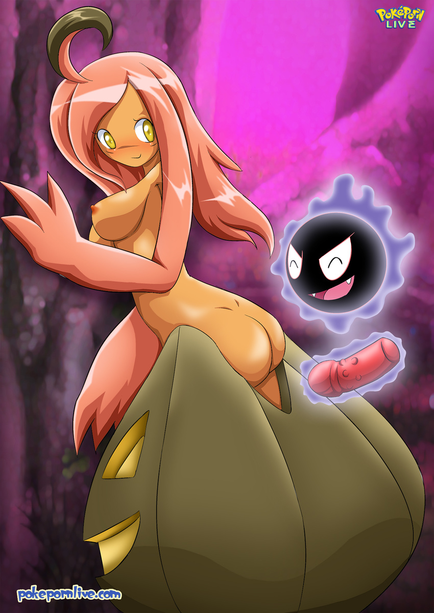 anthro anthrofied bbmbbf blush breasts butt dildo duo erect_nipples exhibitionism fangs female forest gastly ghost gourgeist humanised jack_o'_lantern male nintendo nipples palcomix palcomix_vip plant_girl pok&eacute;mon pokepornlive public pumpkin sex_toy smile spirit tree video_games