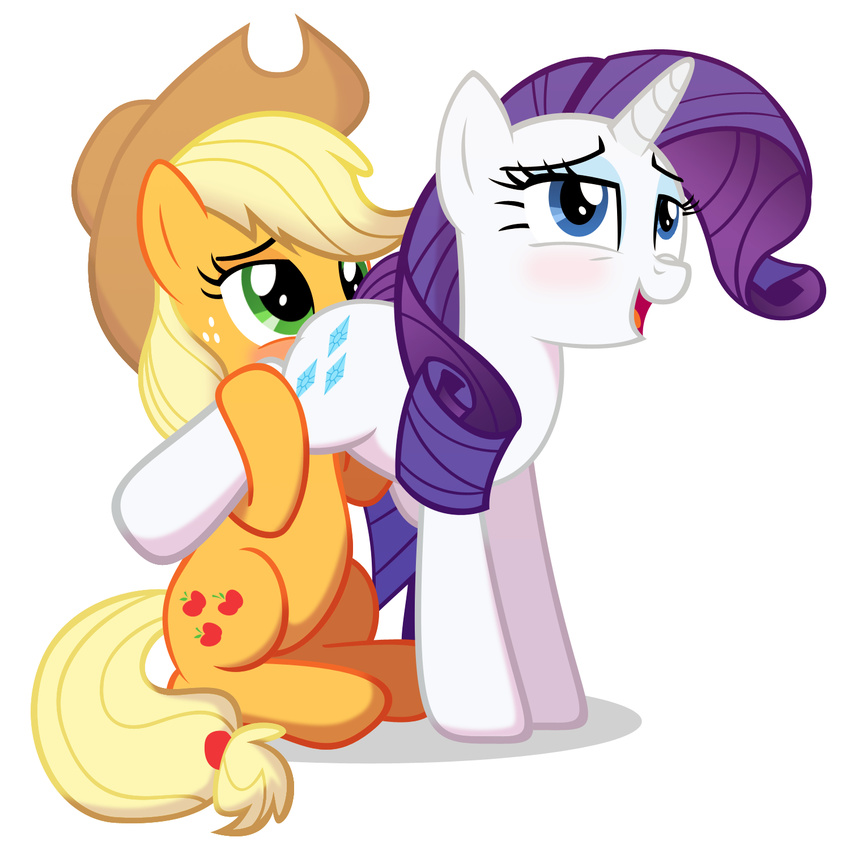 2015 applejack_(mlp) blonde_hair blue_eyes blush cowboy_hat cutie_mark duo earth_pony equine eyeshadow female female/female feral freckles friendship_is_magic green_eyes hair hat horn horse long_hair makeup mammal my_little_pony open_mouth oral pony purple_hair rarity_(mlp) sex simple_background spectre_z unicorn white_background