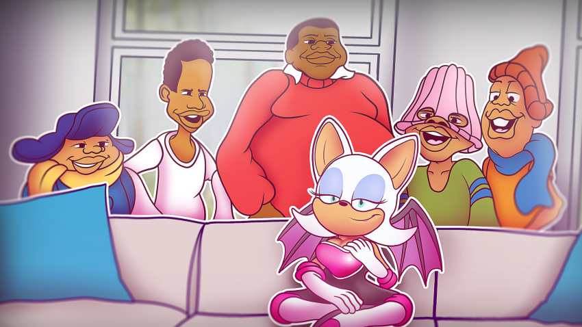 anthro bat biped casting_couch clothed clothing digital_media_(artwork) eyelashes fat_albert female gloves green_eyes hi_res human mammal overweight piper_perri_surrounded rouge_the_bat simple_background sonic_(series) stann_co video_games wings
