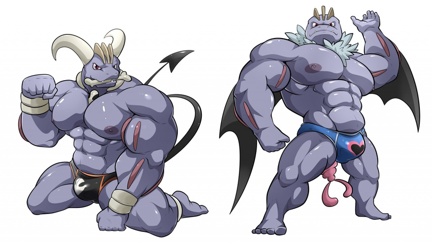 &lt;3 abs anthro areola barazoku barefoot biceps bone briefs bulge clothed clothing cosplay fist half-dressed horn houndoom looking_at_viewer looking_down machoke maldu male manly muscles navel nintendo nipples open_mouth pecs pok&eacute;mon raised_arm sharp_teeth sitting smile spread_legs spreading standing swoobat teeth underwear video_games