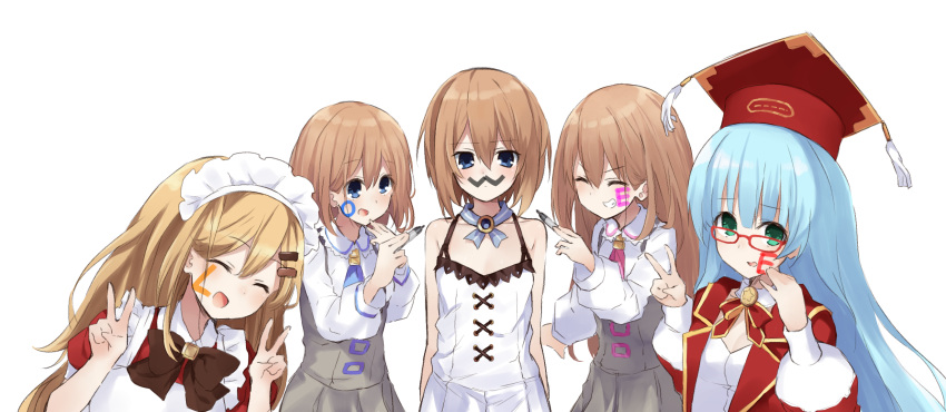 5girls :d ^_^ bangs bare_shoulders blanc blancpig_yryr blonde_hair blue_eyes blush brown_hair closed_eyes commentary_request double_v dress eyes_closed fake_facial_hair fake_mustache financier glasses green_eyes grin hair_ornament hairclip hat highres holding_marker light_blue_hair long_hair looking_at_viewer maid maid_headdress marker mortarboard multiple_girls neck_ribbon neptune_(series) nishizawa_mina open_mouth parted_bangs ram_(neptune_series) red-framed_eyewear ribbon rom_(neptune_series) short_hair siblings simple_background sisters smile spaghetti_strap twins v white_background white_dress