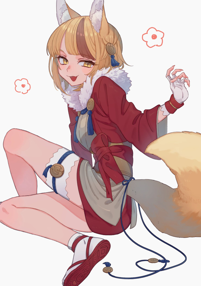 1girl animal_ears blonde_hair brown_hair fingerless_gloves fire_emblem fire_emblem_if fox_ears fox_tail full_body fur_trim gloves hair_ornament highres itou_(very_ito) japanese_clothes kinu_(fire_emblem_if) long_sleeves multicolored_hair nintendo open_mouth short_hair simple_background sitting solo streaked_hair tail white_background white_gloves white_legwear yellow_eyes