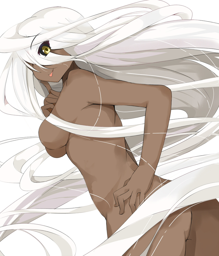 absurdly_long_hair ass black_sclera breasts cowboy_shot dark_skin doppel_(monster_musume) doppelganger eyes_visible_through_hair hair_censor hand_on_hip highres karatakewari long_hair looking_at_viewer medium_breasts monster_musume_no_iru_nichijou nude one_eye_closed prehensile_hair simple_background solo tongue tongue_out very_long_hair white_background white_hair yellow_eyes