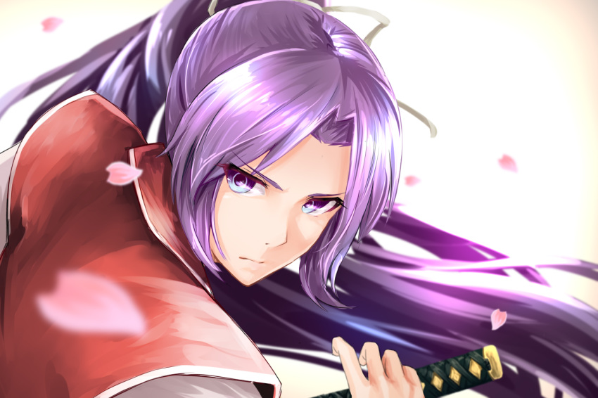 1girl bending_forward blue_eyes blurry depth_of_field expressionless hair_ribbon hand_on_hilt haori japanese_clothes kamiya_ueshi katana long_hair looking_at_viewer looking_back meira petals ponytail purple_hair ribbon serious shiny shiny_hair simple_background solo sword thick_eyebrows touhou touhou_(pc-98) upper_body very_long_hair weapon white_background
