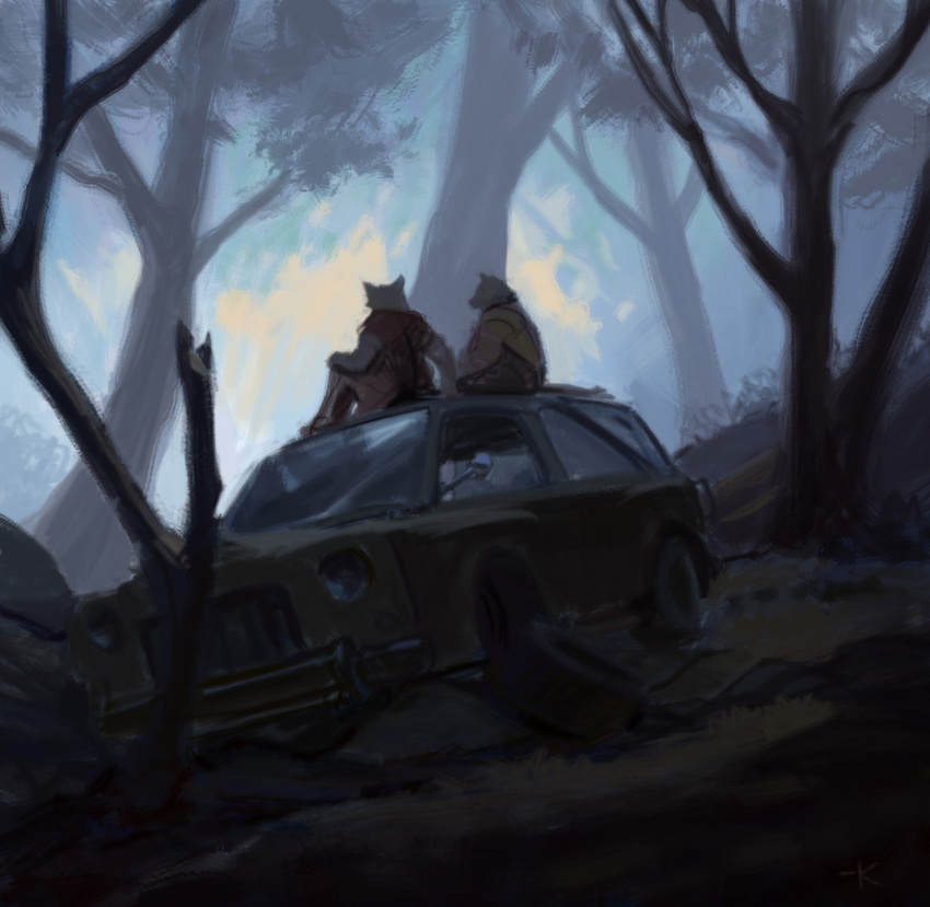 2015 ambiguous_gender anthro canine car clothed clothing duo forest fur lofi mammal outside painting portrait sitting tree vehicle white_fur wolf