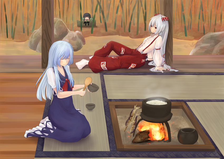 against_pillar amu_(takuya0331) armband bad_feet bamboo bamboo_forest bangs black_hair blue_dress blue_hair blush bow closed_eyes collared_shirt cooking dress error fire fish forest fujiwara_no_mokou gradient_hair ground hair_bow hiding highres hime_cut houraisan_kaguya indoors irori_(hearth) kamishirasawa_keine kneeling leaning_back long_hair long_sleeves looking_afar looking_at_another lying multicolored_hair multiple_girls nature no_hat no_headwear open_mouth pants pot red_pants rice rice_spoon rock shirt silver_hair sleeveless sleeveless_dress smile socks spoon steam suspenders tatami touhou very_long_hair white_shirt wristband