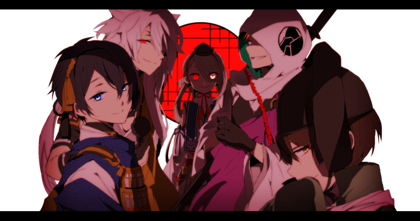 bad_id bad_pixiv_id black_hair blue_eyes brown_eyes brown_hair glowing glowing_eyes hat highres hiiragi_fuyuki hood ima-no-tsurugi ishikirimaru iwatooshi japanese_clothes kesa kogitsunemaru male_focus mikazuki_munechika multiple_boys orange_hair red_eyes smile tokin_hat touken_ranbu white_hair