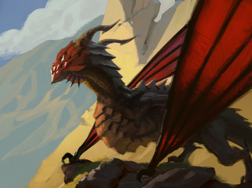 2015 claws cliff cloud dragon female feral frill horn lofi membranous_wings outside painting pose realistic_wings red_scales red_skin rock scalie shaded sky solo western_dragon white_scales white_skin wings