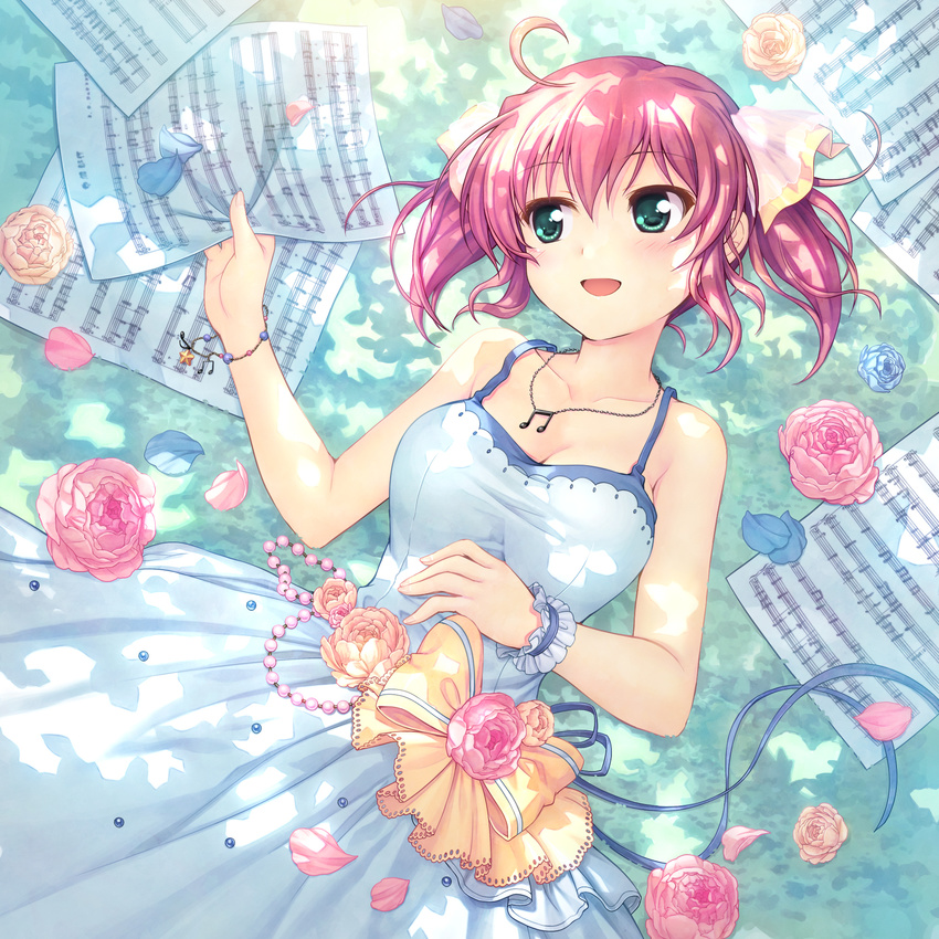 :d ahoge beamed_eighth_notes bekkankou blush breasts cleavage daitoshokan_no_hitsujikai dress flower green_eyes hand_on_own_stomach highres jewelry kodachi_nagi medium_breasts musical_note necklace open_mouth papers petals pink_hair quarter_note rose sheet_music short_hair smile solo