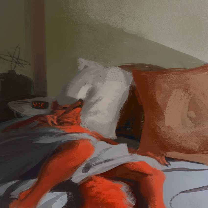 2015 alarm_clock anthro bed bedroom blanket canine clothed clothing eyes_closed fox fur half-dressed inside lofi male mammal open_mouth painting pillow red_fur sleeping solo teeth topless