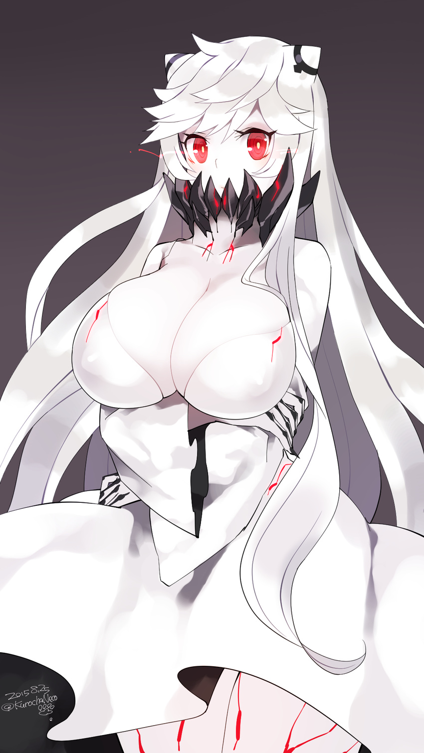 :/ black_nails breast_hold breasts collarbone crossed_arms dated dress fingernails glowing glowing_eyes gradient gradient_background highres horns kantai_collection kuro_chairo_no_neko large_breasts long_hair midway_hime nail_polish paw_print red_eyes sharp_fingernails shinkaisei-kan solo twitter_username veins very_long_hair white_dress white_hair white_skin