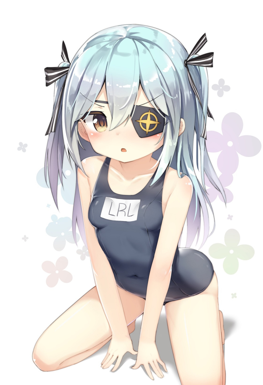 1girl bangs bare_arms bare_legs bare_shoulders barefoot black_bow blue_hair blue_swimsuit blush bow breasts brown_eyes collarbone copyright_request darnell eyebrows_visible_through_hair eyepatch hair_between_eyes hair_bow highres kneeling last_origin long_hair one-piece_swimsuit parted_lips school_swimsuit shadow small_breasts solo striped striped_bow swimsuit two_side_up v-shaped_eyebrows very_long_hair white_background