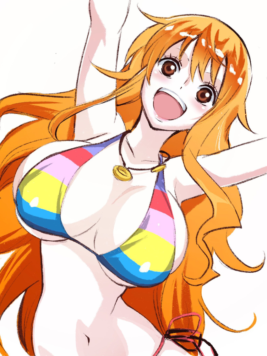 1girl :d arms_up bare_arms bare_shoulders bikini breasts brown_eyes cleavage collarbone hair_between_eyes highres jewelry large_breasts leaning_to_the_side long_hair looking_at_viewer multicolored multicolored_bikini multicolored_clothes multicolored_swimsuit nami_(one_piece) navel one_piece open_mouth orange_hair pendant side-tie_bikini side-tie_bottom sideboob skindentation smile solo stomach sukeno_yoshiaki swimsuit underboob upper_body upper_teeth very_long_hair